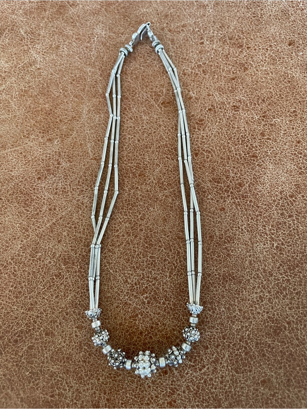 Vintage Silver 925 ? Floral Ball Bead & Tube Bali Style Multi-Strand Necklace